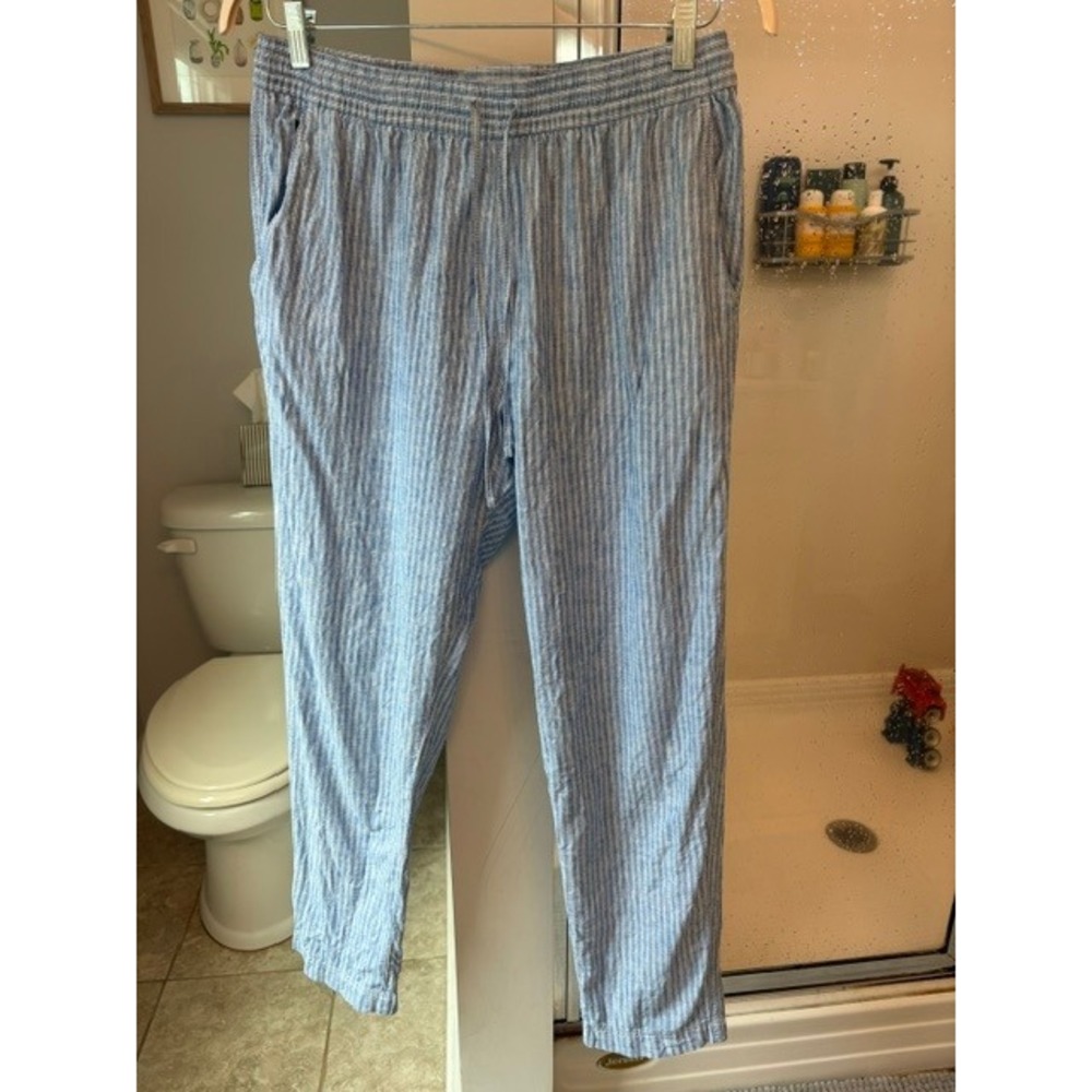 H&M Blue White Striped Linen Blend Drawstring Pull-On Pants